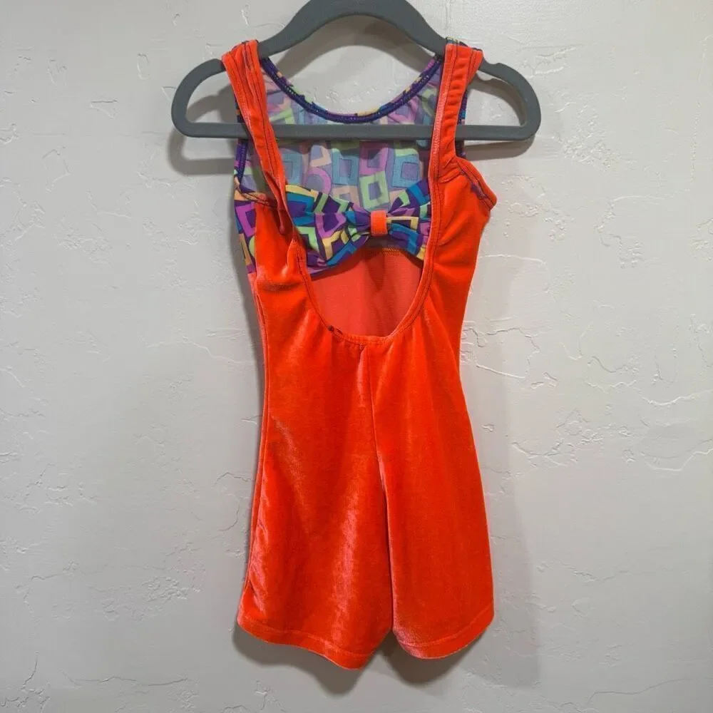 Motionwear Gymnastic leotard Orange velvet with Geometric Pattern Girls size 6x/